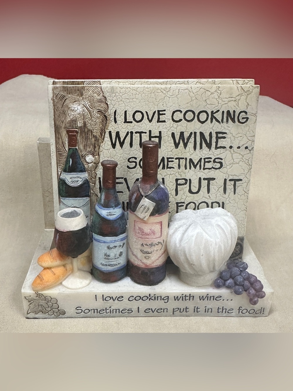 Wine Motif 4 Coaster Set with Holder “I Love Cooking With Wine…”  Made of Resin